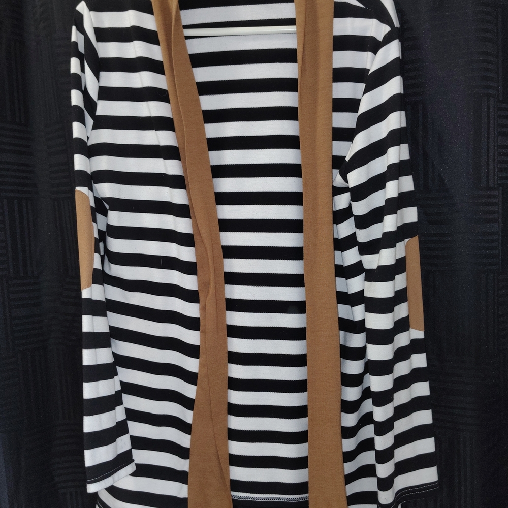 Striped Black & White Cardigan with Tan Trim